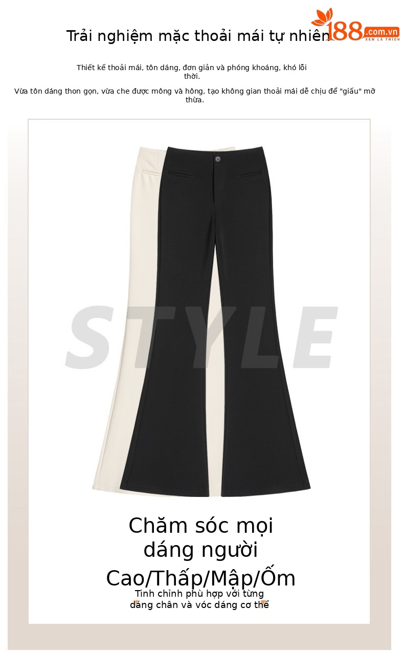 Quần tây nữ ống loe nhẹ eo cao dáng suông rủ — Đen - Loại thông thường chi tiết 7