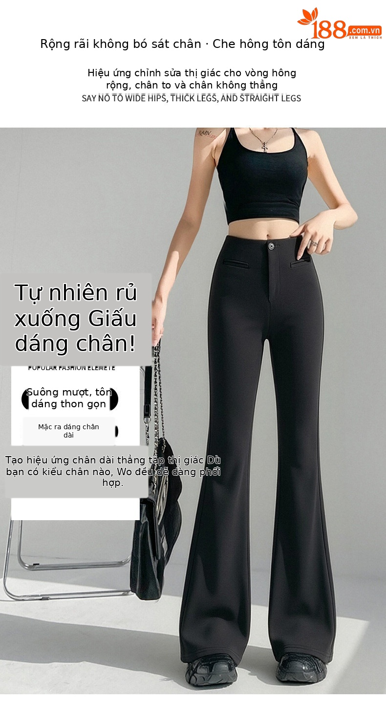 Quần tây nữ ống loe nhẹ eo cao dáng suông rủ — Đen - Loại thông thường chi tiết 8