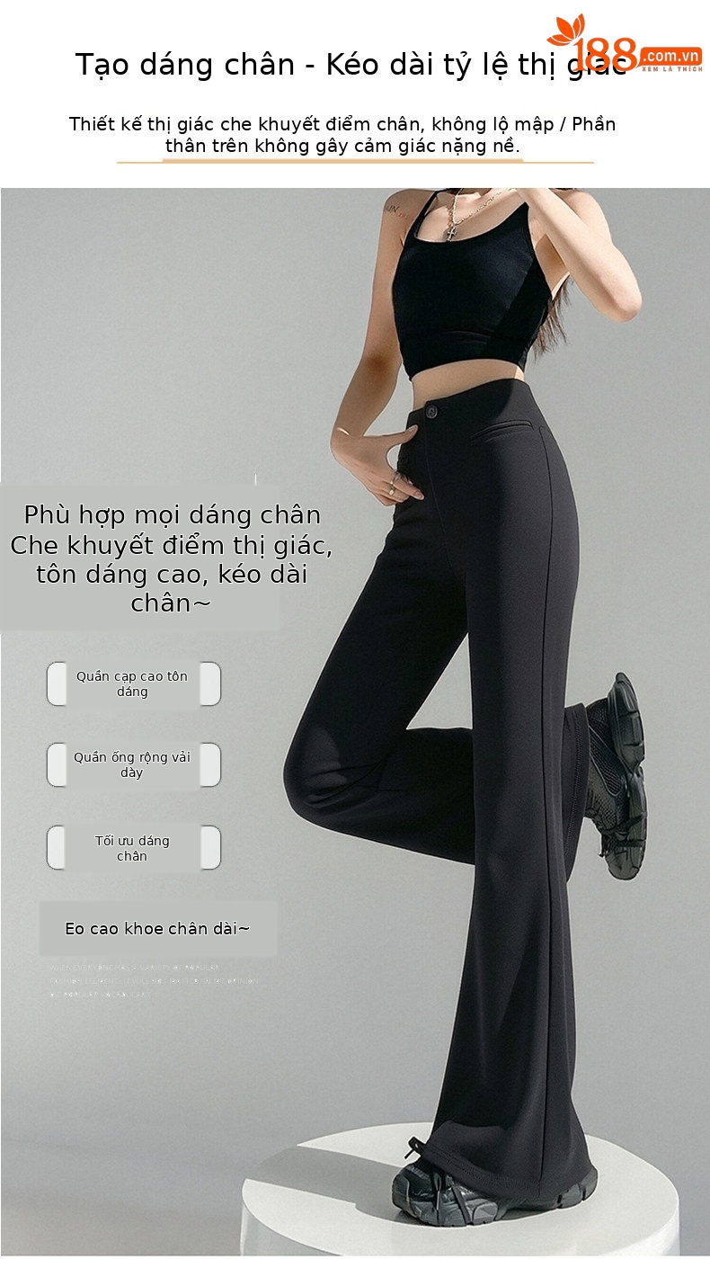 Quần tây nữ ống loe nhẹ eo cao dáng suông rủ — Đen - Loại thông thường chi tiết 11
