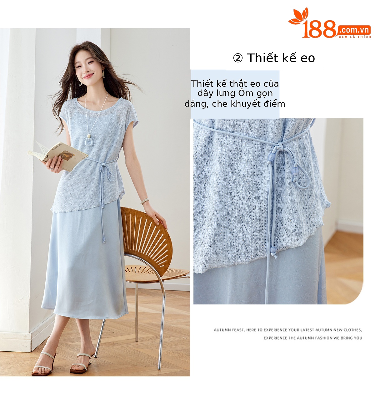 Bộ đầm maxi nữ hai mảnh gồm váy dài và áo khoác ngoài mỏng, phối dây mảnh, thiết kế suông nhẹ tôn dáng — xanh lam chi tiết 5