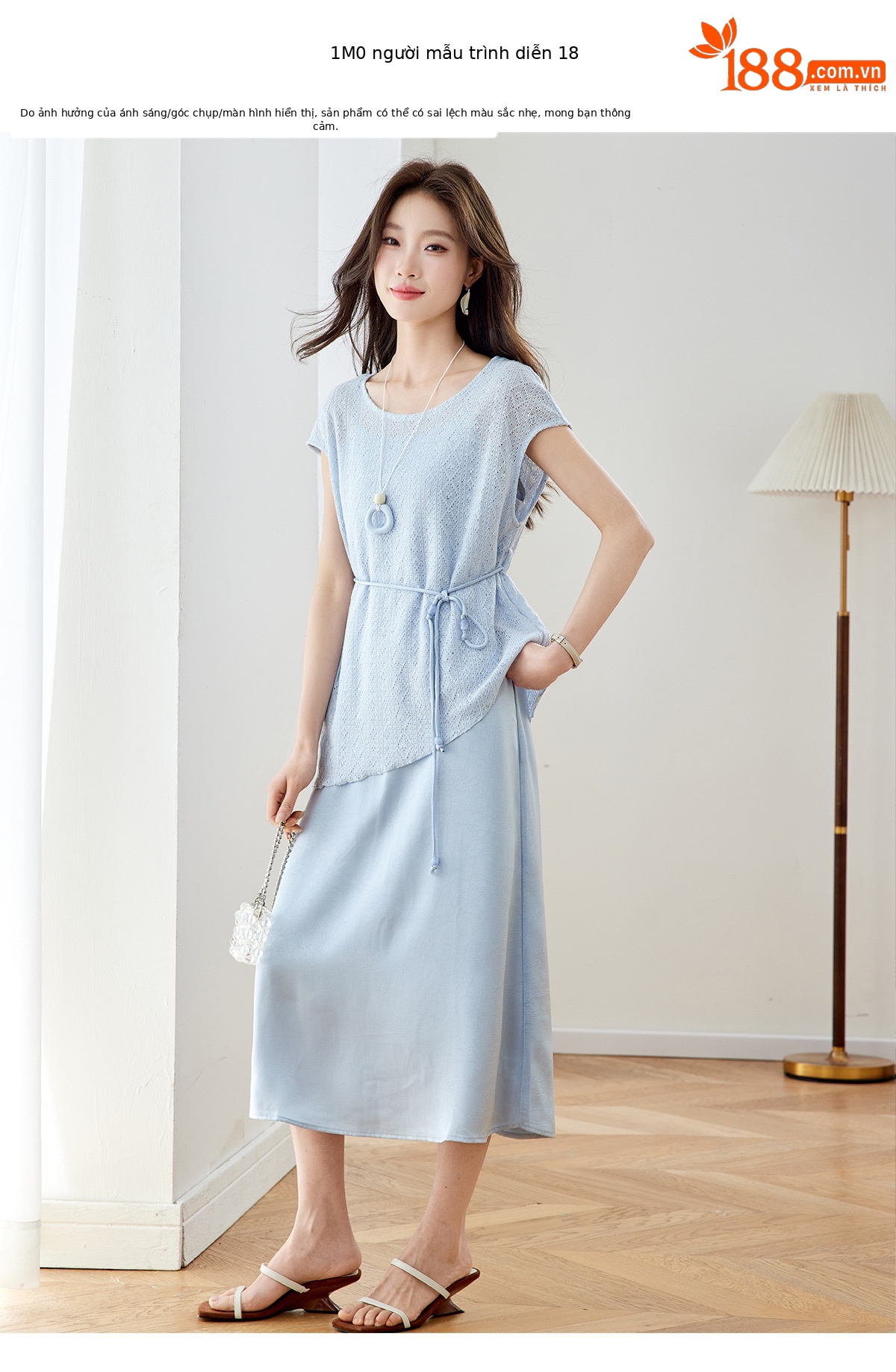 Bộ đầm maxi nữ hai mảnh gồm váy dài và áo khoác ngoài mỏng, phối dây mảnh, thiết kế suông nhẹ tôn dáng — xanh lam chi tiết 9