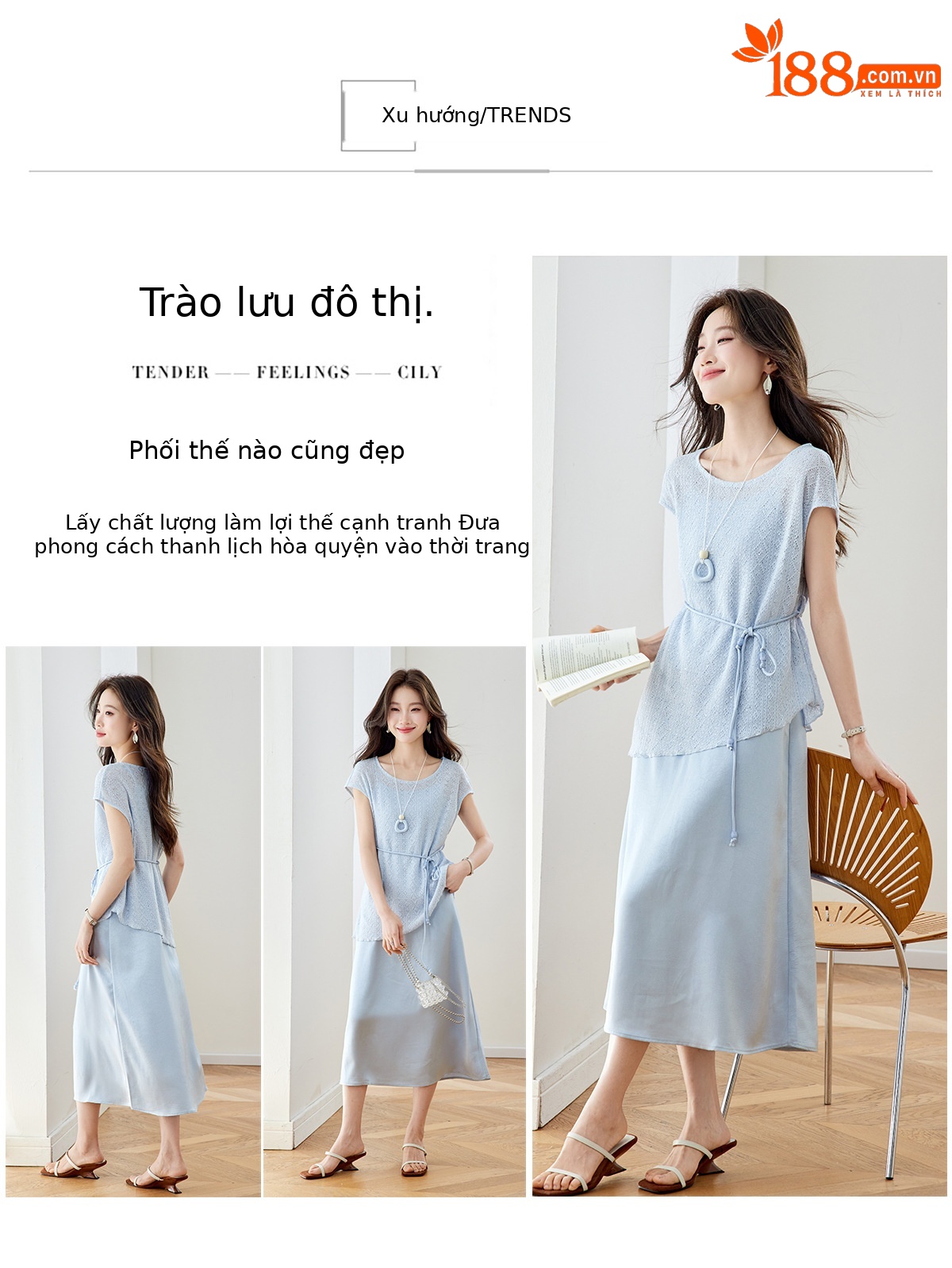 Bộ đầm maxi nữ hai mảnh gồm váy dài và áo khoác ngoài mỏng, phối dây mảnh, thiết kế suông nhẹ tôn dáng — xanh lam chi tiết 2