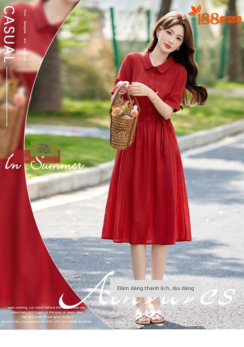 Đầm suông nữ midi dây rút eo cổ điển tay ngắn — Xanh lông mòng đen, màu đỏ chi tiết 1