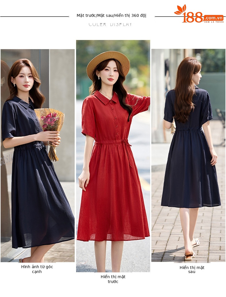 Đầm suông nữ midi dây rút eo cổ điển tay ngắn — Xanh lông mòng đen, màu đỏ chi tiết 3