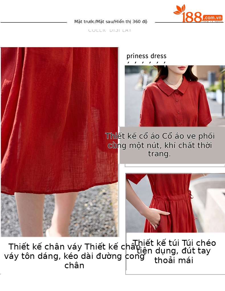Đầm suông nữ midi dây rút eo cổ điển tay ngắn — Xanh lông mòng đen, màu đỏ chi tiết 4