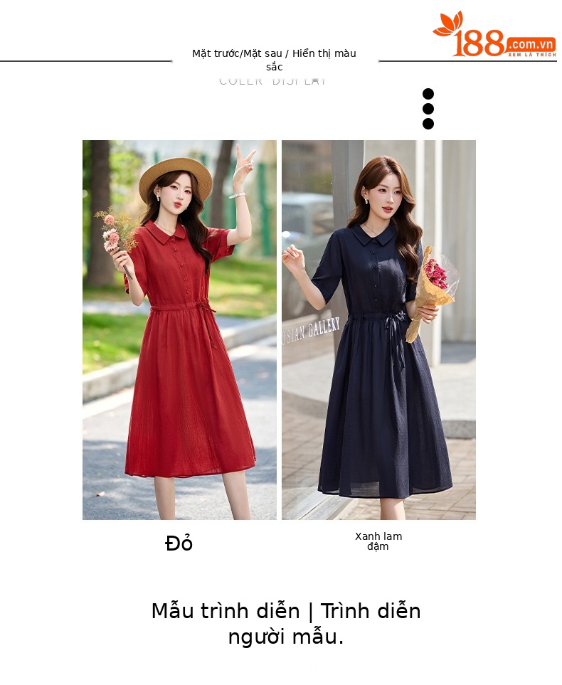 Đầm suông nữ midi dây rút eo cổ điển tay ngắn — Xanh lông mòng đen, màu đỏ chi tiết 6