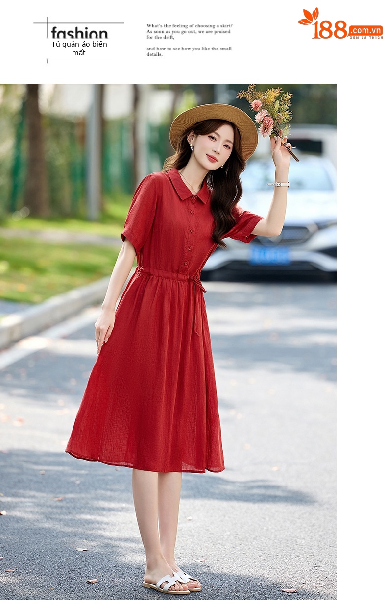 Đầm suông nữ midi dây rút eo cổ điển tay ngắn — Xanh lông mòng đen, màu đỏ chi tiết 16