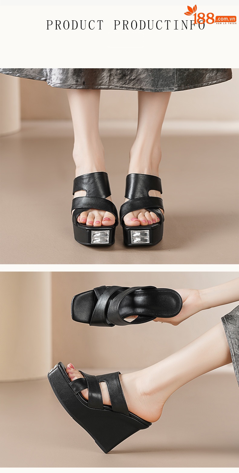 Sandal cao gót nữ hở mũi đế dày da bò gót 12 cm — Lời bài hát: Black (Sheep Flip) chi tiết 5