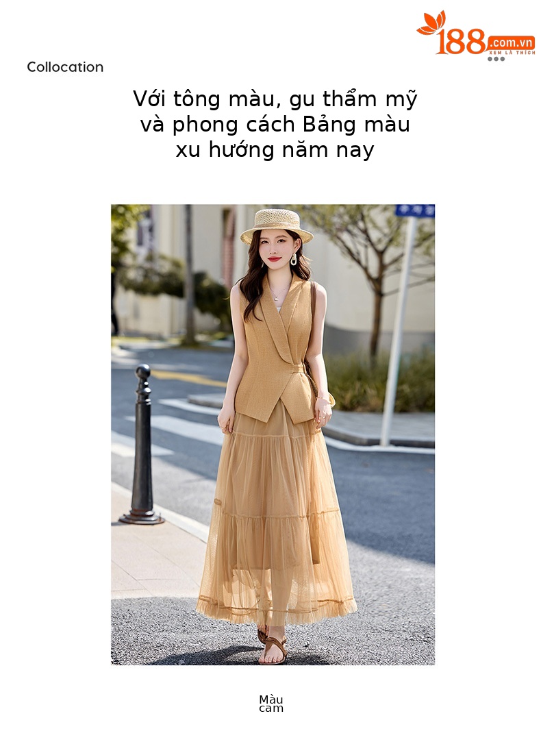 Bộ váy hai mảnh nữ mùa hè 2026 gồm áo vest không tay dây rút và chân váy midi — màu sắc chi tiết 2