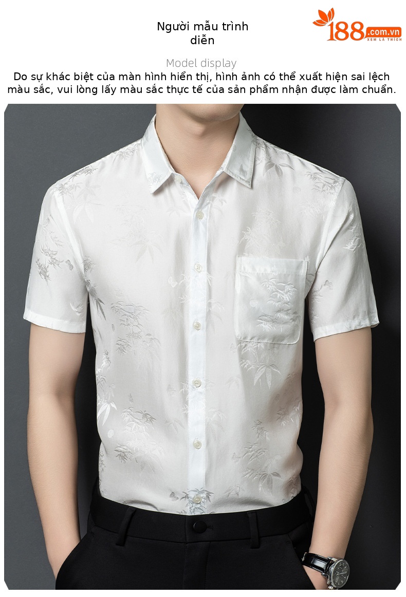 Áo sơ mi nam ngắn tay lụa satin cao cấp, phong cách công sở — Da đen26618 chi tiết 7