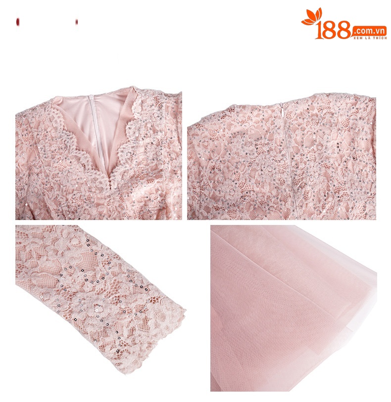 Đầm maxi nữ cổ V ren thắt eo xòe lưới phong cách Pháp — màu hồng chi tiết 2