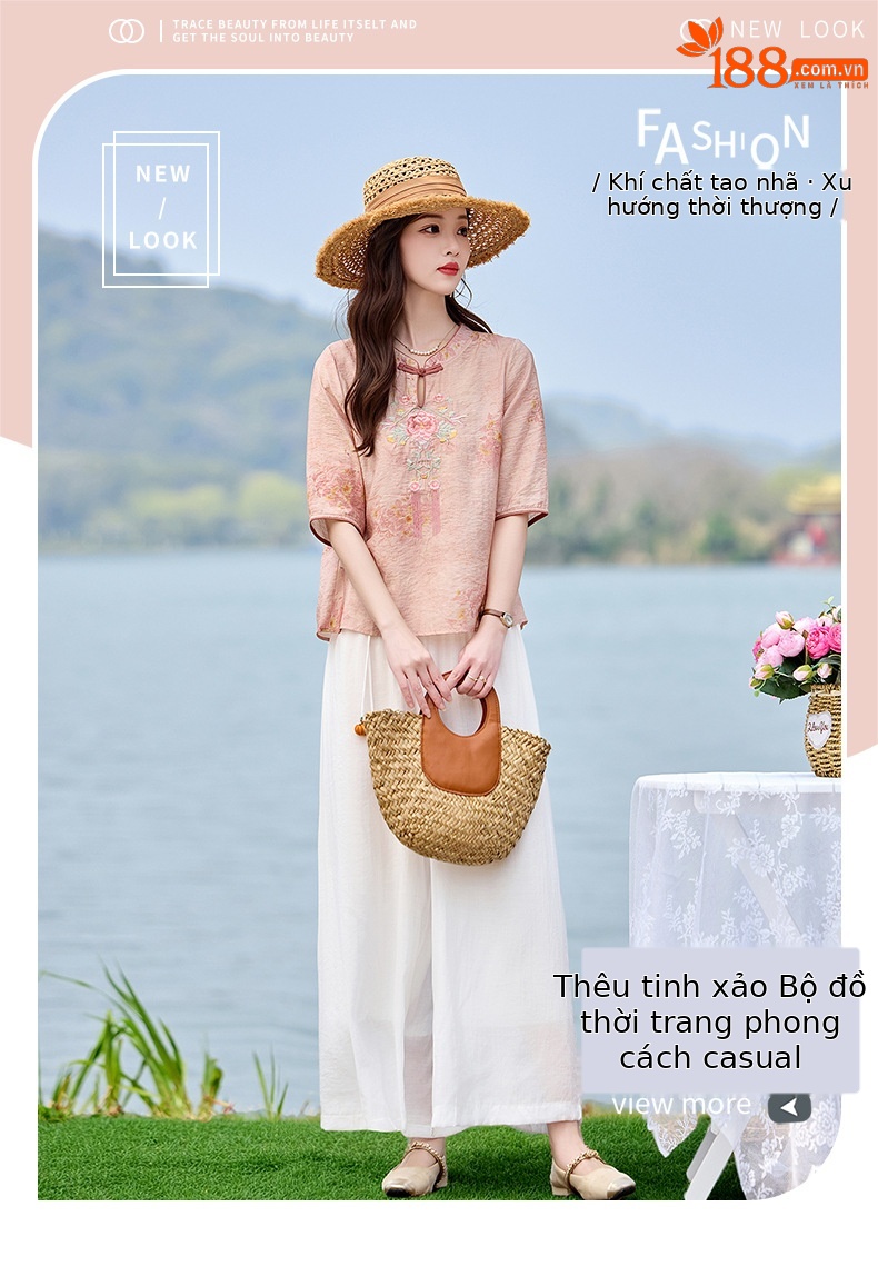 Bộ quần áo nữ hai mảnh sơ mi thêu họa tiết quốc phong kết hợp quần ống đứng MM6617 — xanh lam, Màu hồng chi tiết 1