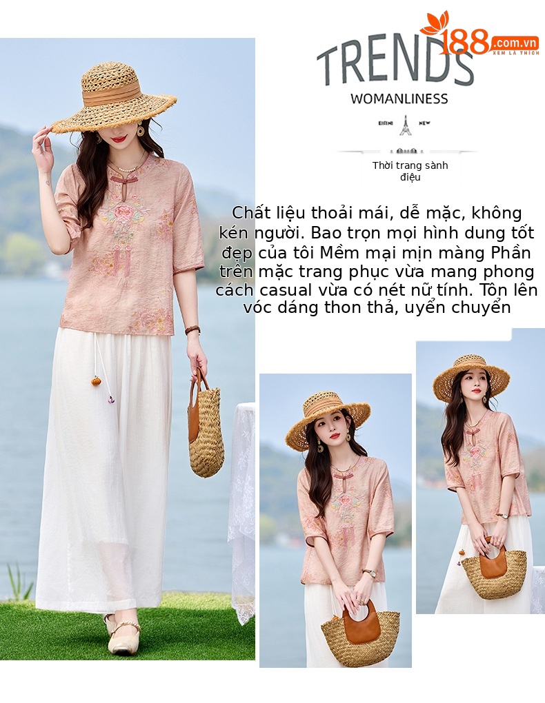 Bộ quần áo nữ hai mảnh sơ mi thêu họa tiết quốc phong kết hợp quần ống đứng MM6617 — xanh lam, Màu hồng chi tiết 2