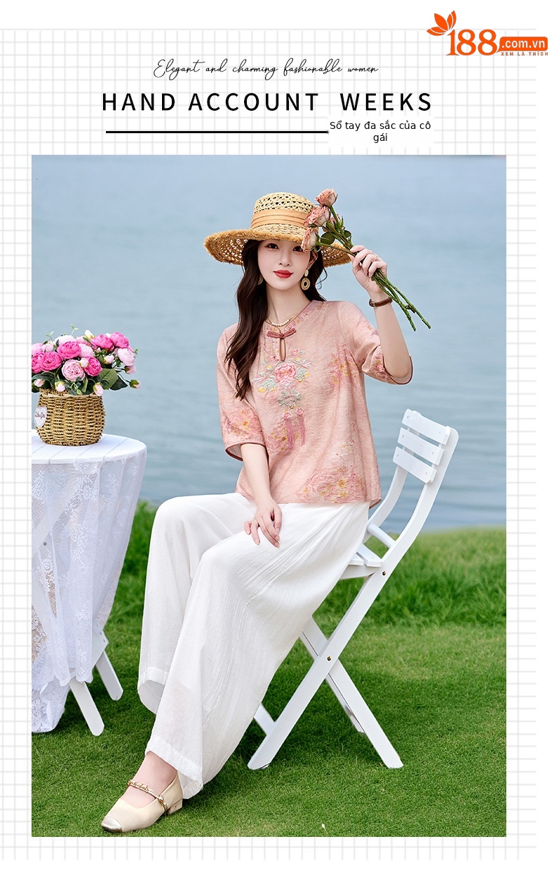 Bộ quần áo nữ hai mảnh sơ mi thêu họa tiết quốc phong kết hợp quần ống đứng MM6617 — xanh lam, Màu hồng chi tiết 3
