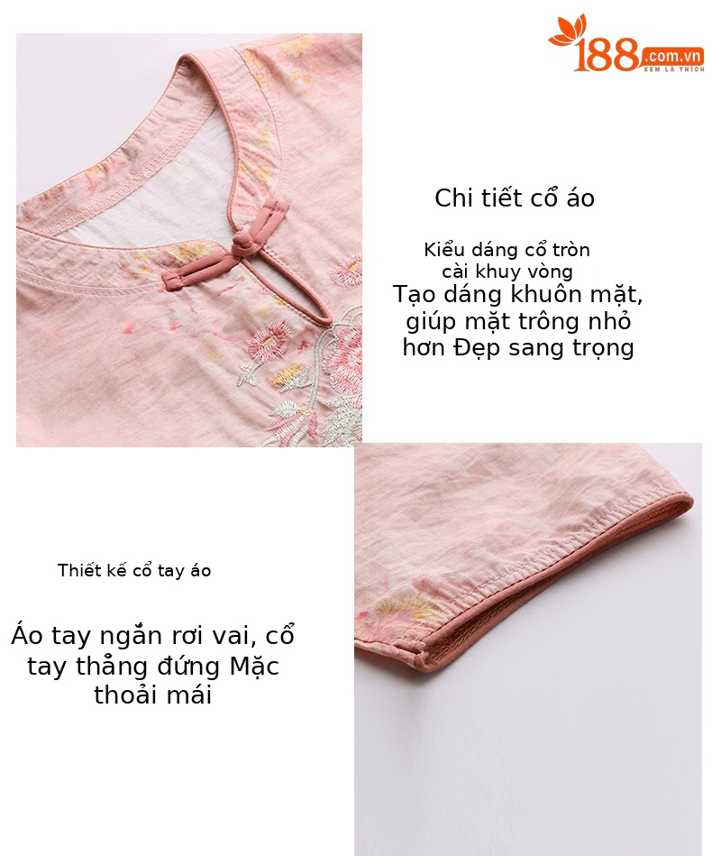 Bộ quần áo nữ hai mảnh sơ mi thêu họa tiết quốc phong kết hợp quần ống đứng MM6617 — xanh lam, Màu hồng chi tiết 5
