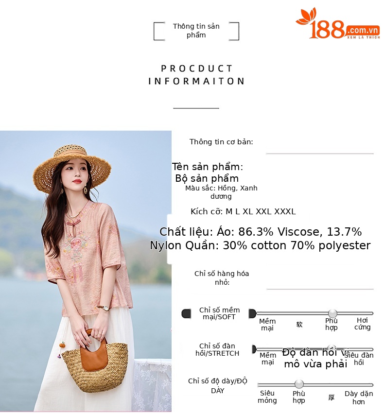 Bộ quần áo nữ hai mảnh sơ mi thêu họa tiết quốc phong kết hợp quần ống đứng MM6617 — xanh lam, Màu hồng chi tiết 9