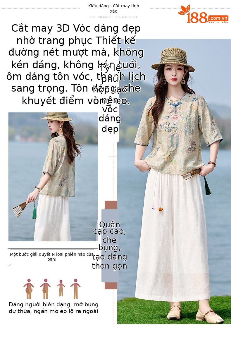 Bộ quần áo nữ hai mảnh sơ mi thêu họa tiết quốc phong kết hợp quần ống đứng MM6617 — xanh lam, Màu hồng chi tiết 4