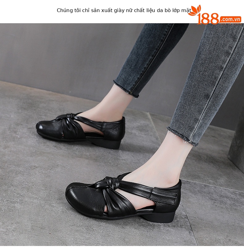 Sandal da bò thật thủ công quai chữ V bít mũi, gót thấp, khóa dán — màu đen chi tiết 2