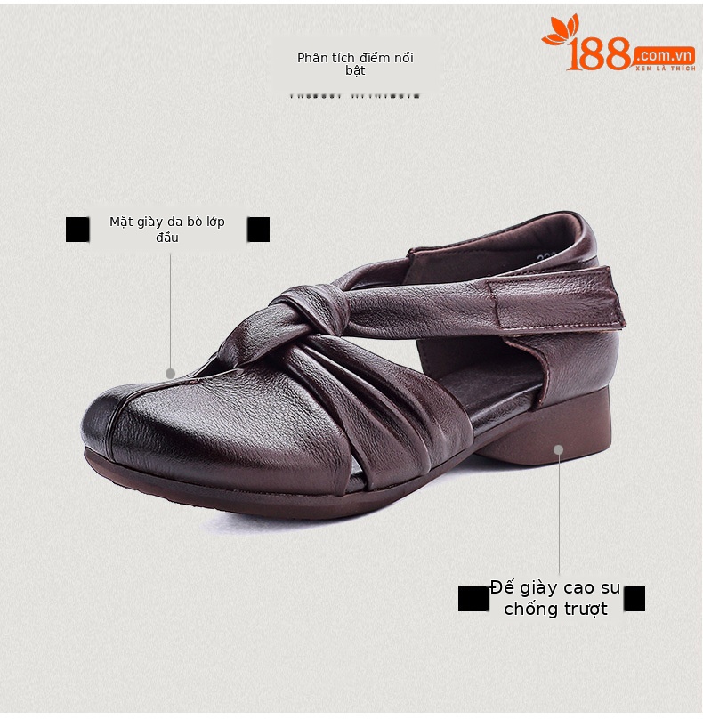 Sandal da bò thật thủ công quai chữ V bít mũi, gót thấp, khóa dán — màu đen chi tiết 3