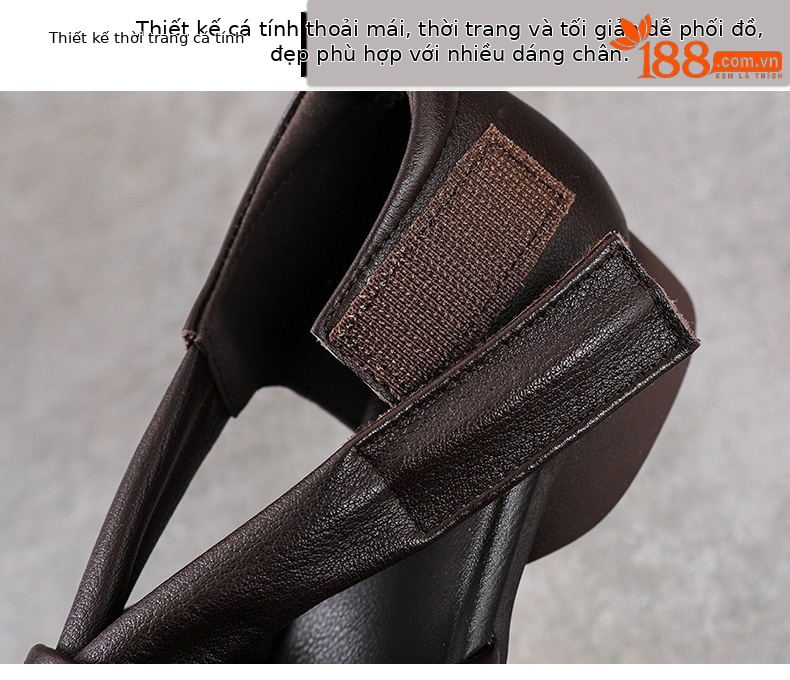 Sandal da bò thật thủ công quai chữ V bít mũi, gót thấp, khóa dán — màu đen chi tiết 5
