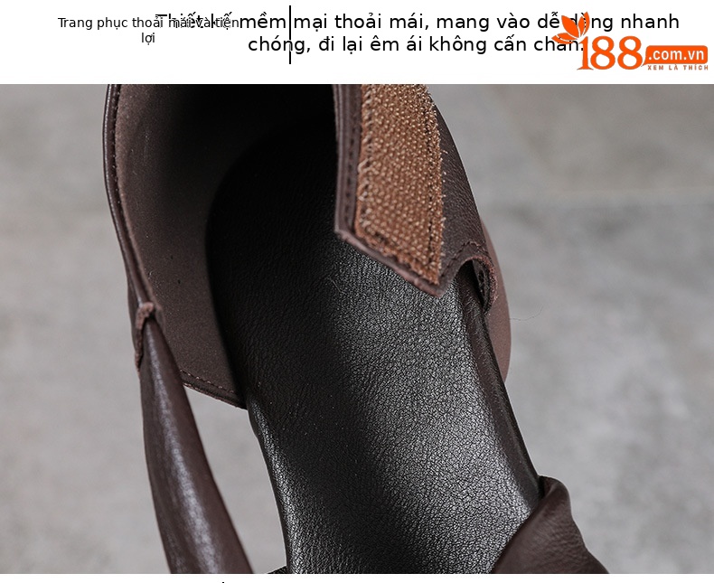 Sandal da bò thật thủ công quai chữ V bít mũi, gót thấp, khóa dán — màu đen chi tiết 6