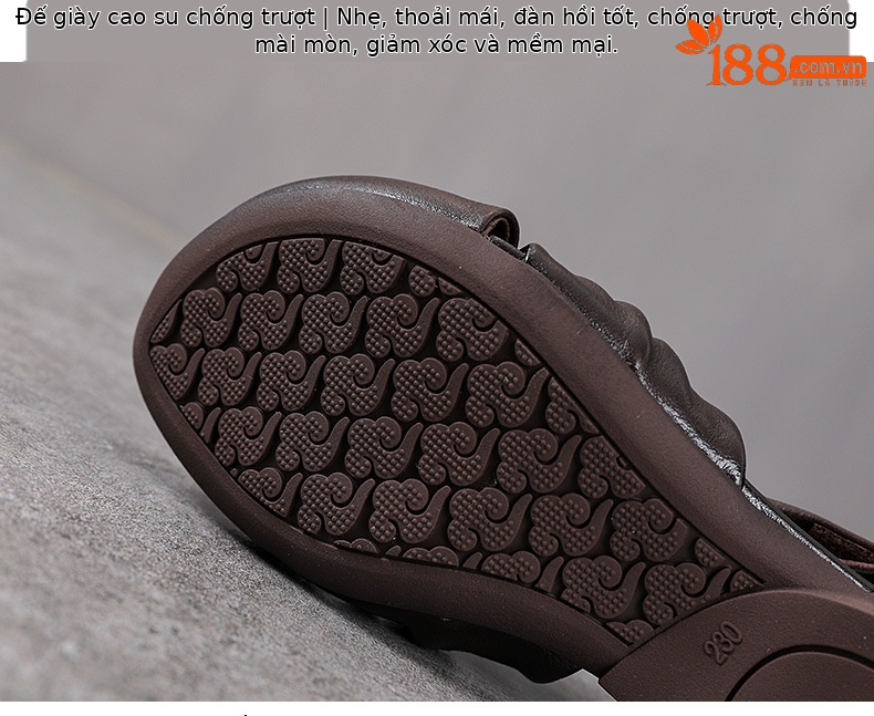 Sandal da bò thật thủ công quai chữ V bít mũi, gót thấp, khóa dán — màu đen chi tiết 7