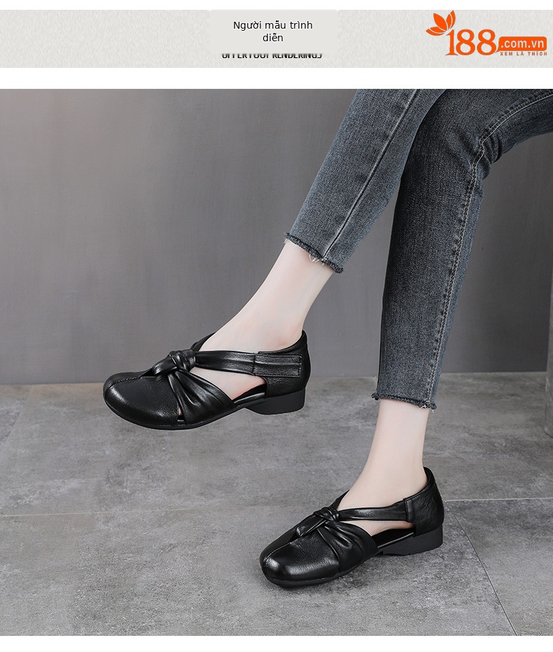 Sandal da bò thật thủ công quai chữ V bít mũi, gót thấp, khóa dán — màu đen chi tiết 9