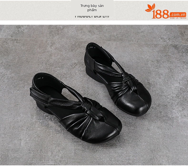 Sandal da bò thật thủ công quai chữ V bít mũi, gót thấp, khóa dán — màu đen chi tiết 10