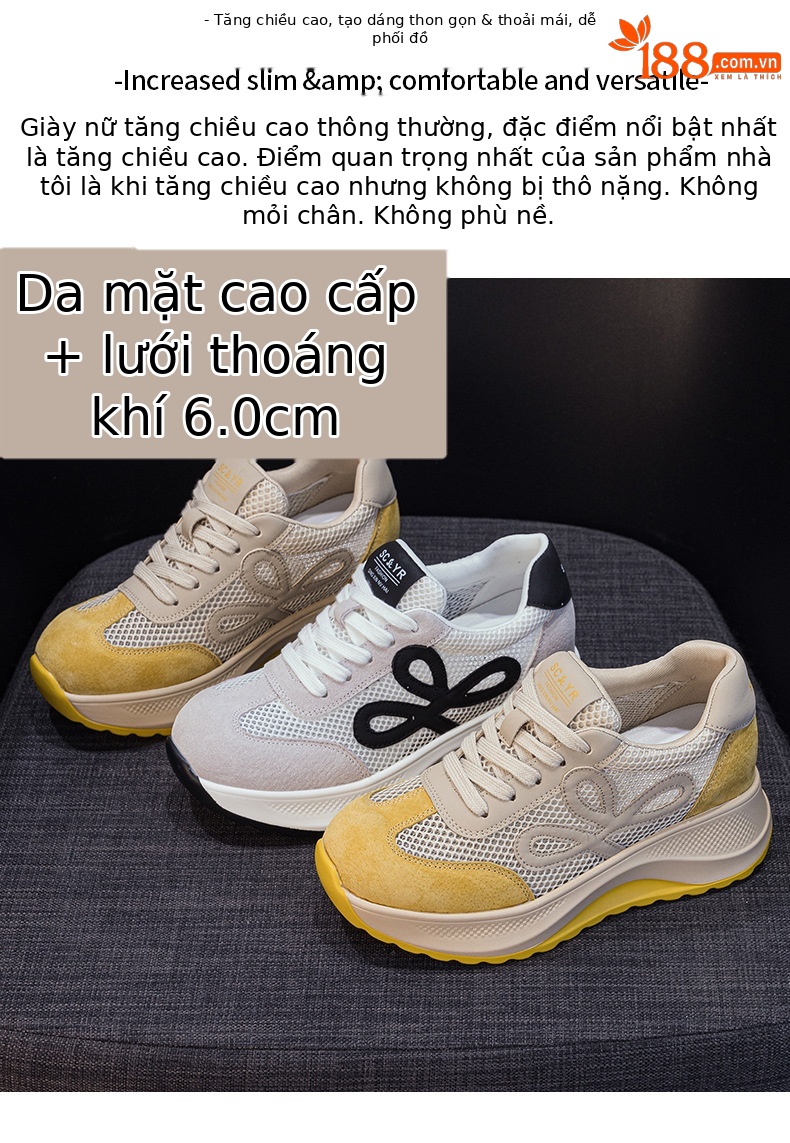 Giày sneaker nữ chunky đế dày phối màu da thật phong cách retro — M2915-1 Beige Lưới Xuyên, M2915-1 Vàng Lưới Xuyên chi tiết 2