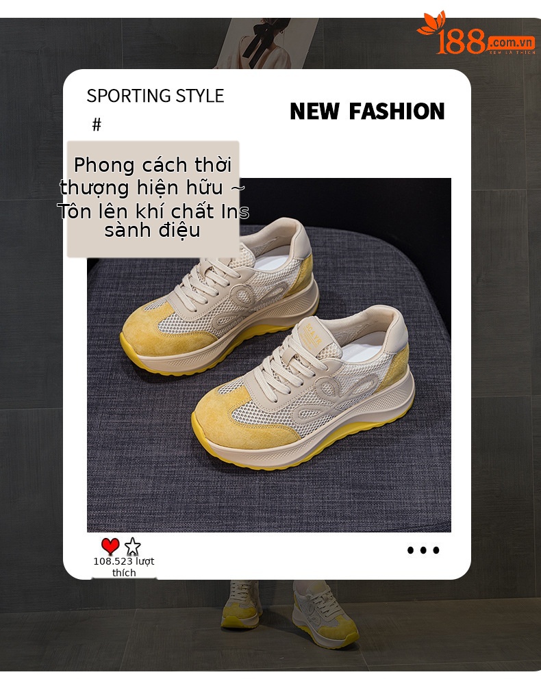 Giày sneaker nữ chunky đế dày phối màu da thật phong cách retro — M2915-1 Beige Lưới Xuyên, M2915-1 Vàng Lưới Xuyên chi tiết 3