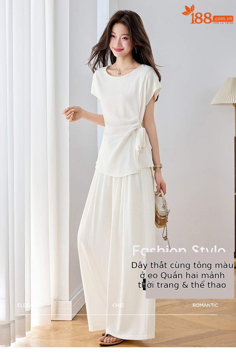 Bộ áo thun cổ tròn nơ buộc kết hợp quần ống rộng nữ 2 món — xanh lam, màu kaki, màu trắng ngà chi tiết 1
