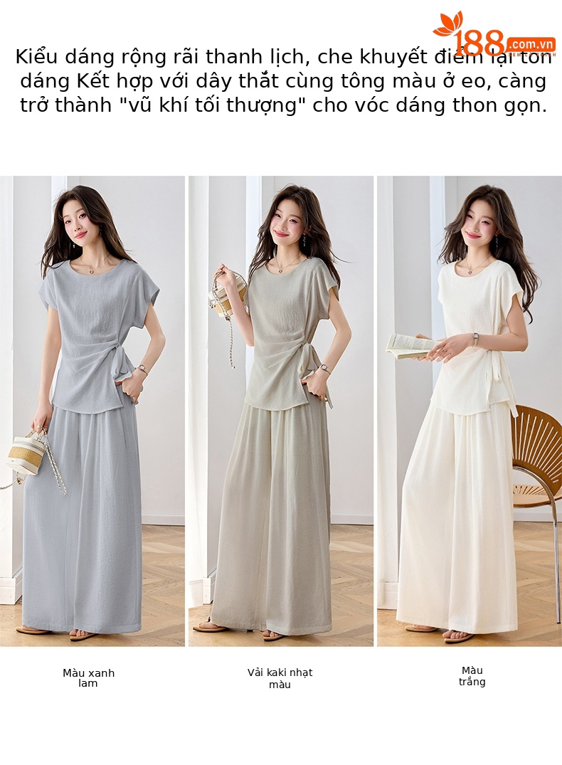 Bộ áo thun cổ tròn nơ buộc kết hợp quần ống rộng nữ 2 món — xanh lam, màu kaki, màu trắng ngà chi tiết 2