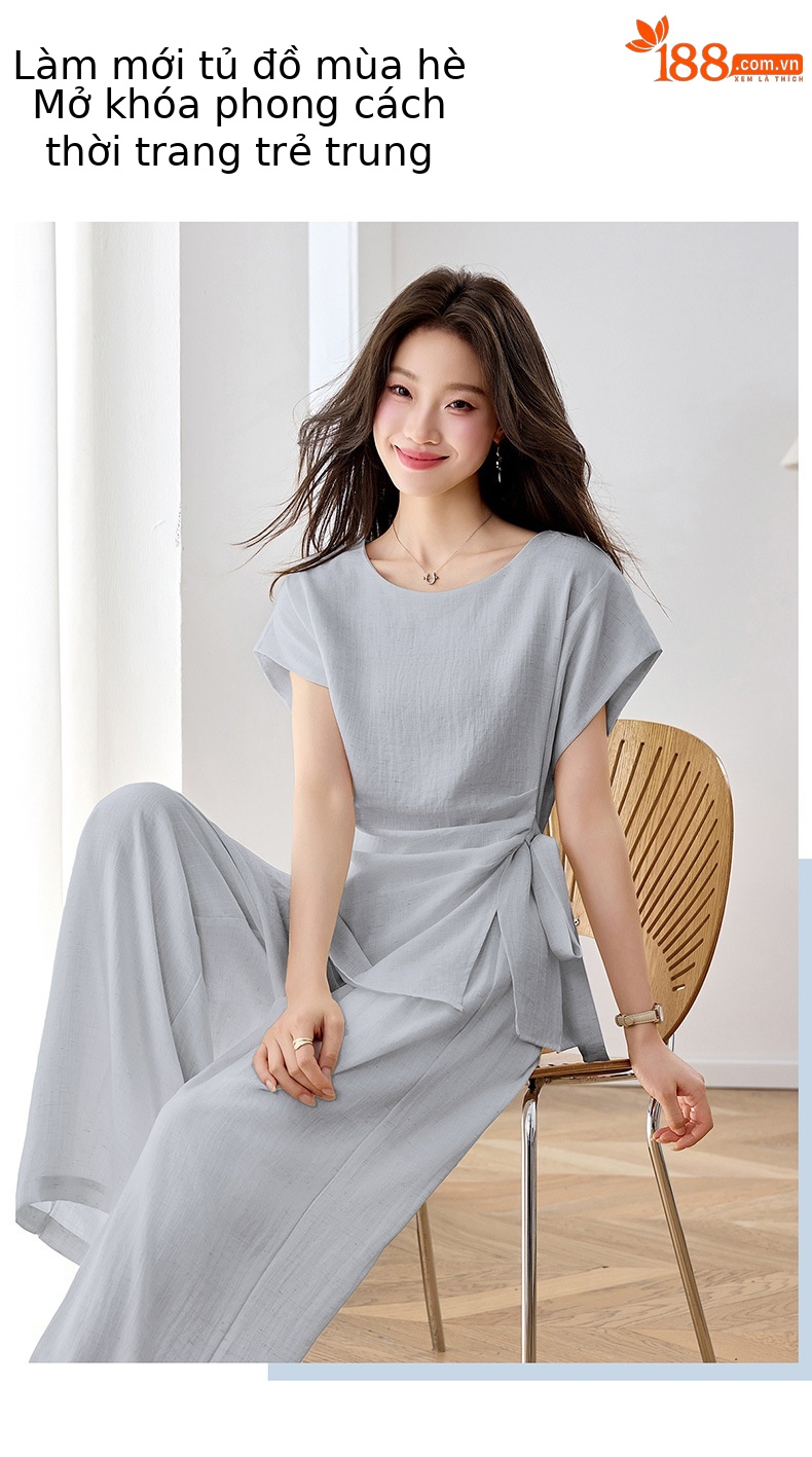 Bộ áo thun cổ tròn nơ buộc kết hợp quần ống rộng nữ 2 món — xanh lam, màu kaki, màu trắng ngà chi tiết 3