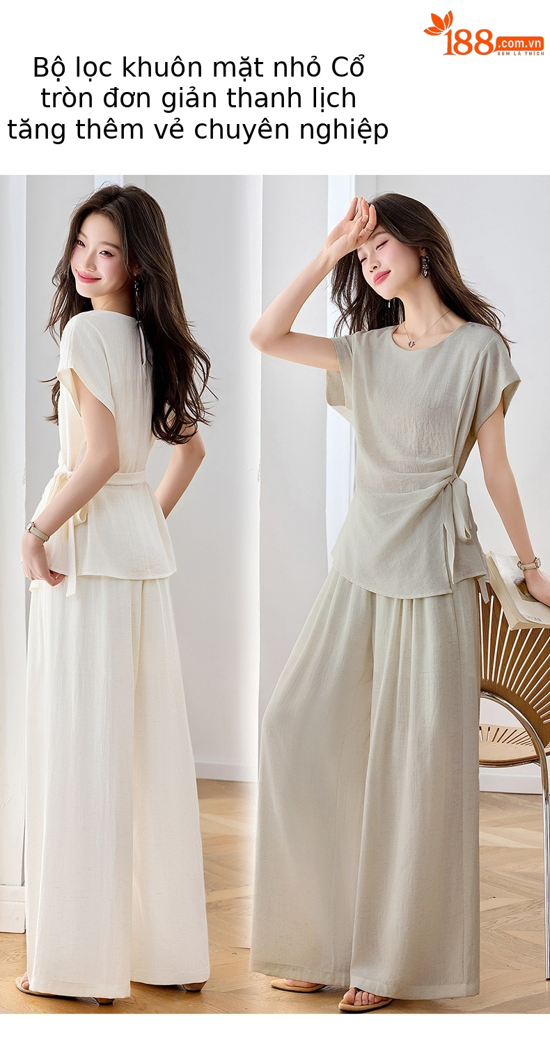 Bộ áo thun cổ tròn nơ buộc kết hợp quần ống rộng nữ 2 món — xanh lam, màu kaki, màu trắng ngà chi tiết 4