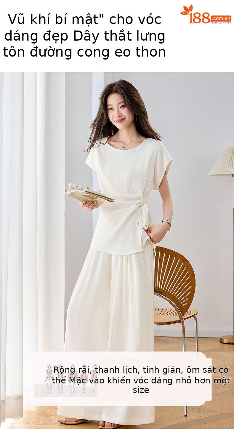 Bộ áo thun cổ tròn nơ buộc kết hợp quần ống rộng nữ 2 món — xanh lam, màu kaki, màu trắng ngà chi tiết 5