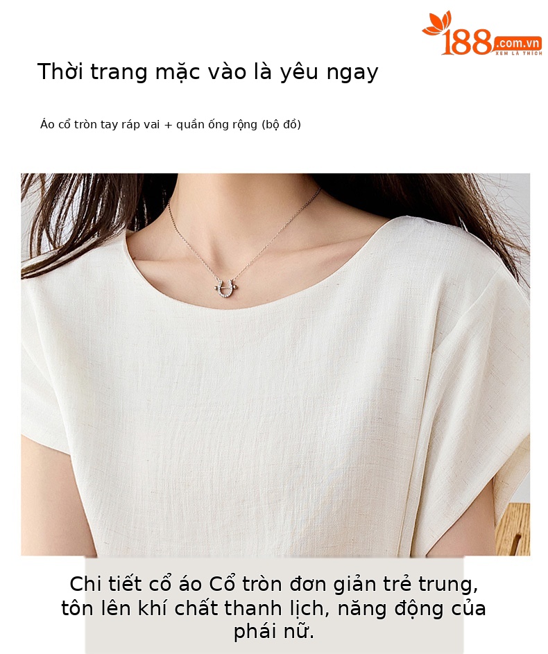 Bộ áo thun cổ tròn nơ buộc kết hợp quần ống rộng nữ 2 món — xanh lam, màu kaki, màu trắng ngà chi tiết 6
