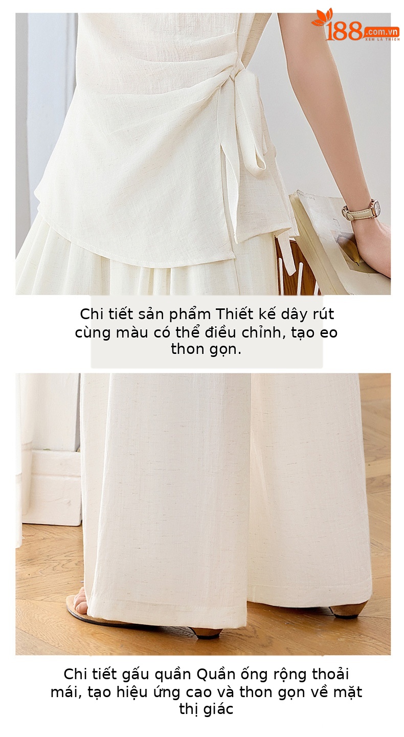 Bộ áo thun cổ tròn nơ buộc kết hợp quần ống rộng nữ 2 món — xanh lam, màu kaki, màu trắng ngà chi tiết 7