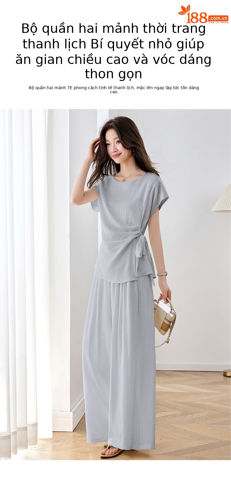 Bộ áo thun cổ tròn nơ buộc kết hợp quần ống rộng nữ 2 món — xanh lam, màu kaki, màu trắng ngà chi tiết 8