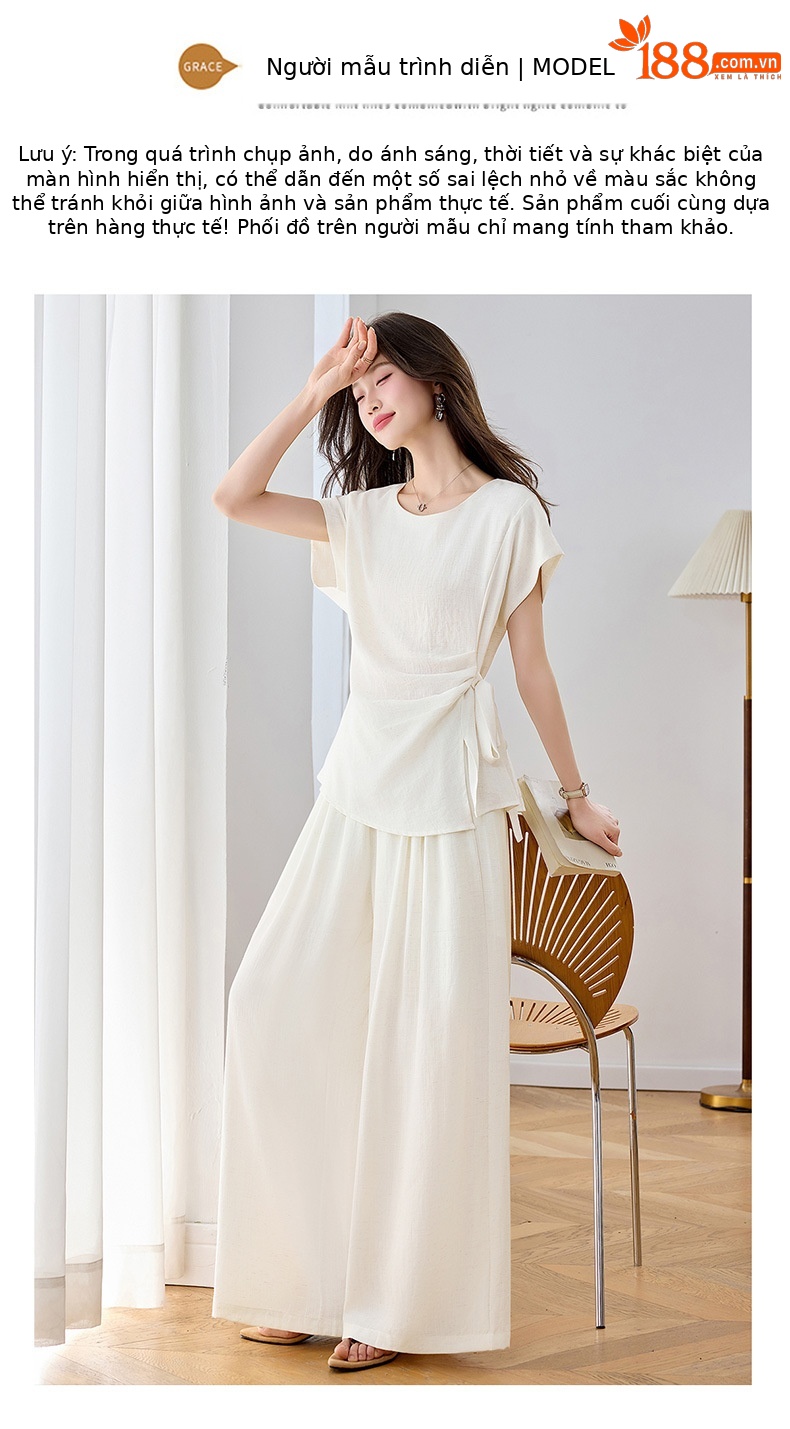 Bộ áo thun cổ tròn nơ buộc kết hợp quần ống rộng nữ 2 món — xanh lam, màu kaki, màu trắng ngà chi tiết 11