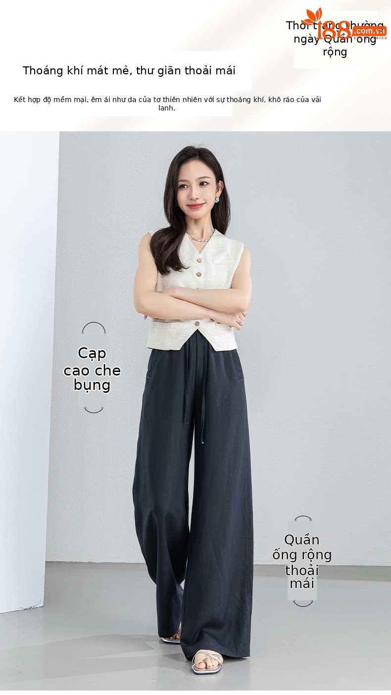 Quần ống rộng nữ cạp cao rút dây chất liệu tơ tằm thoáng mát — Màu sắc chi tiết 1