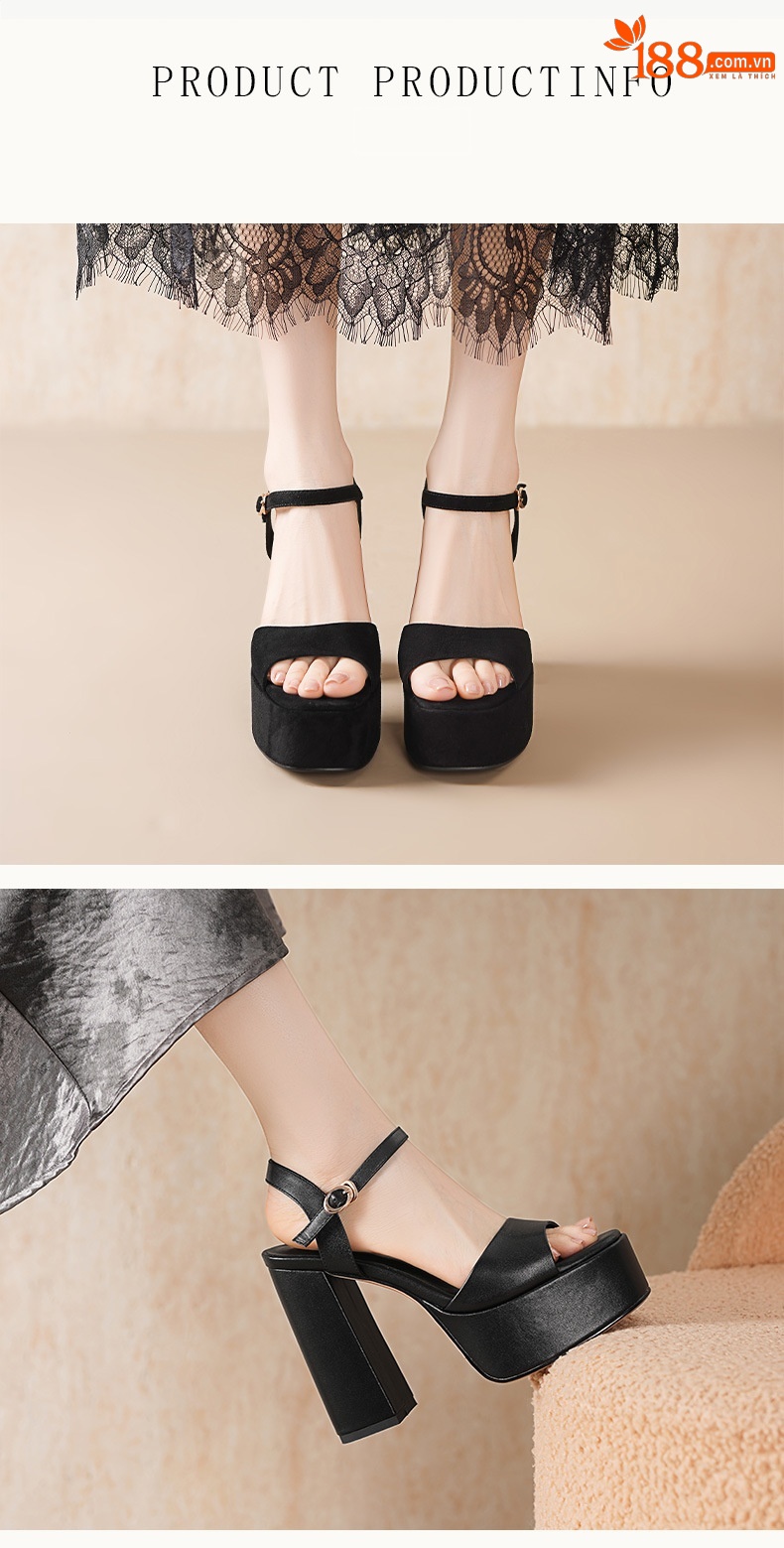 Sandal cao gót nữ hở mũi quai ngang khóa, đế dày gót thô 12 cm — Da bò trắng gạo chi tiết 2