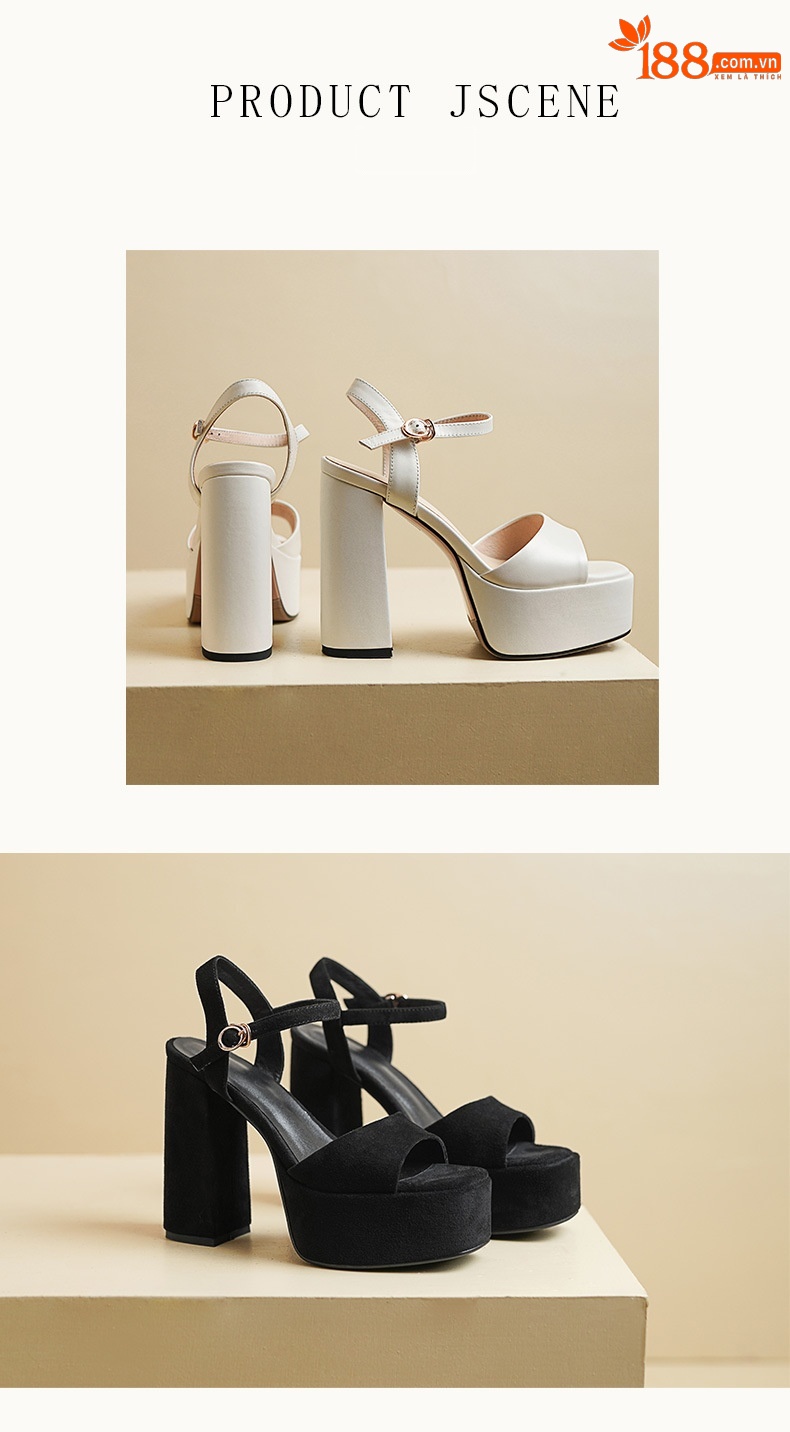 Sandal cao gót nữ hở mũi quai ngang khóa, đế dày gót thô 12 cm — Da bò trắng gạo chi tiết 9
