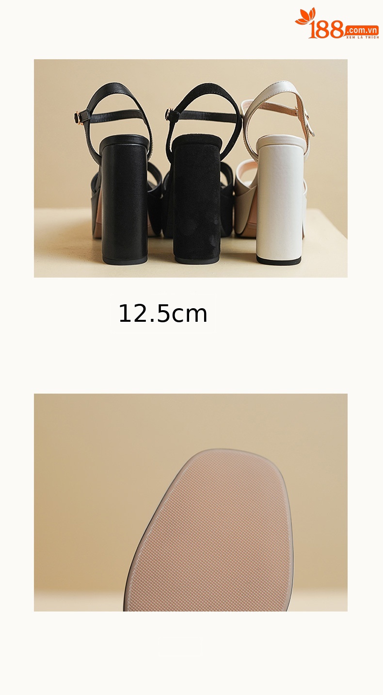 Sandal cao gót nữ hở mũi quai ngang khóa, đế dày gót thô 12 cm — Da bò trắng gạo chi tiết 12