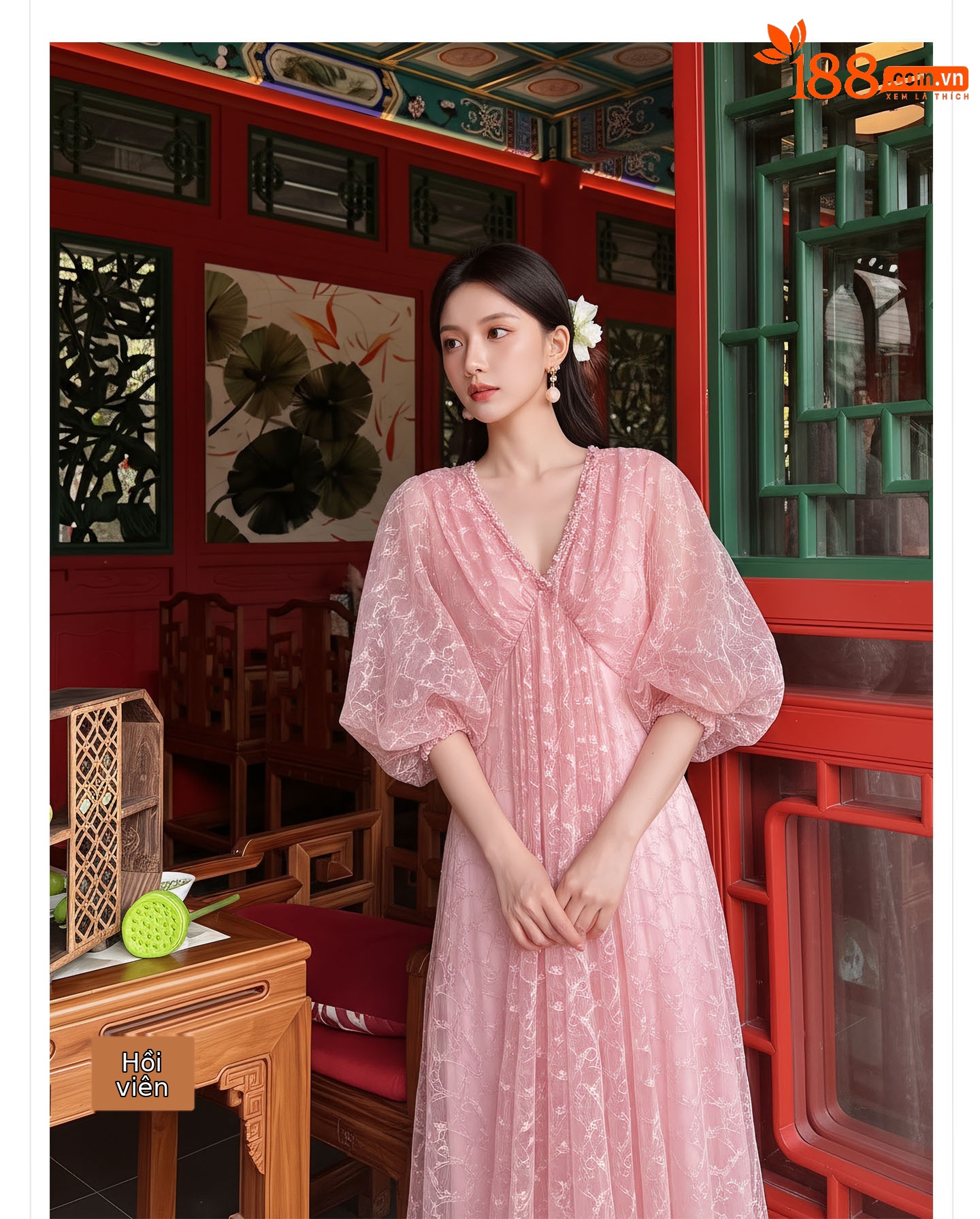 Đầm maxi nữ phong cách Tân Trung Hoa họa tiết batik ren jacquard dáng dài — Trang chủ chi tiết 4