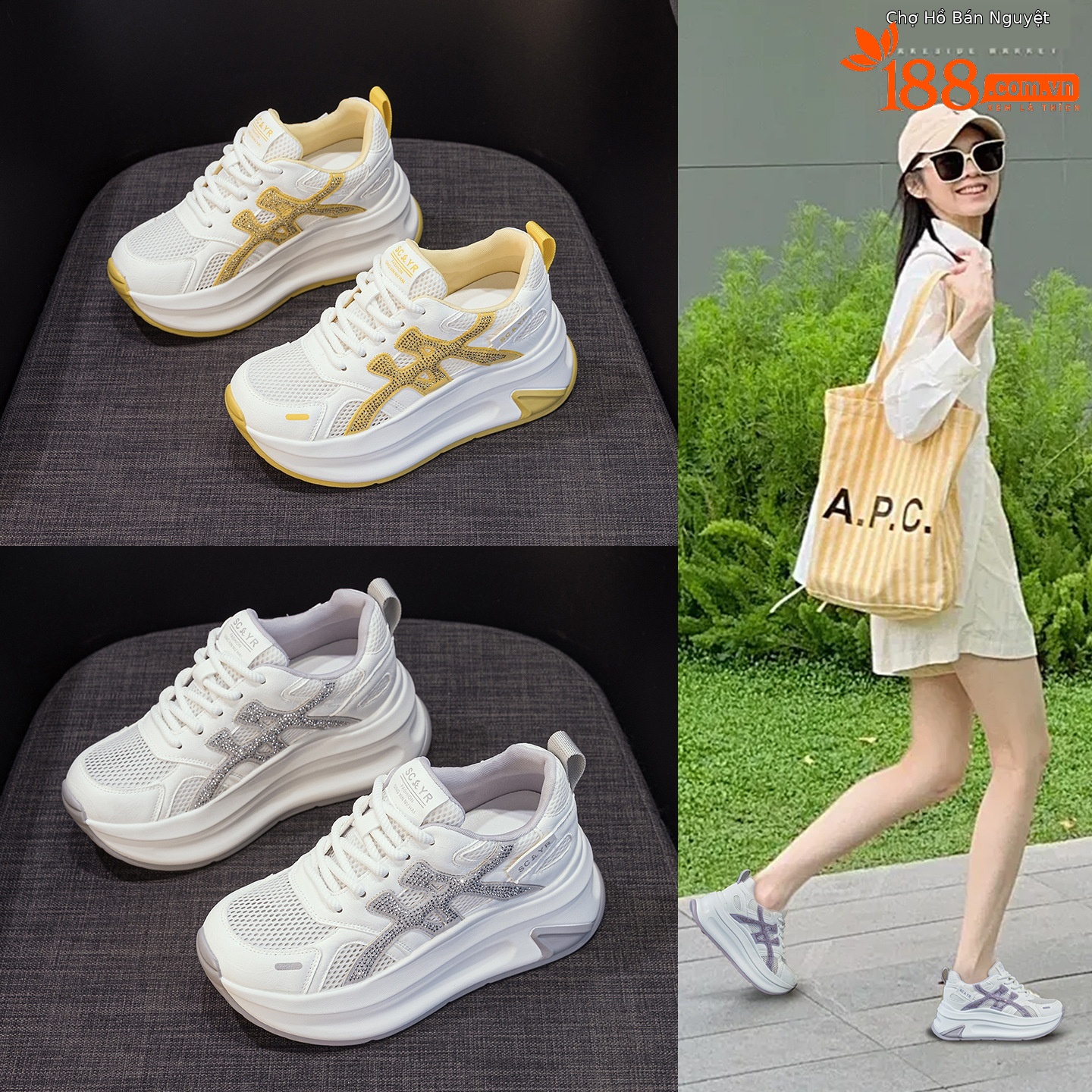 Giày sneaker nữ đế dày tăng chiều cao lưới thoáng khí mùa hè phong cách thể thao — M2916-2 Vàng kem, M2916-2 Xám kem, M2916-2 Xám