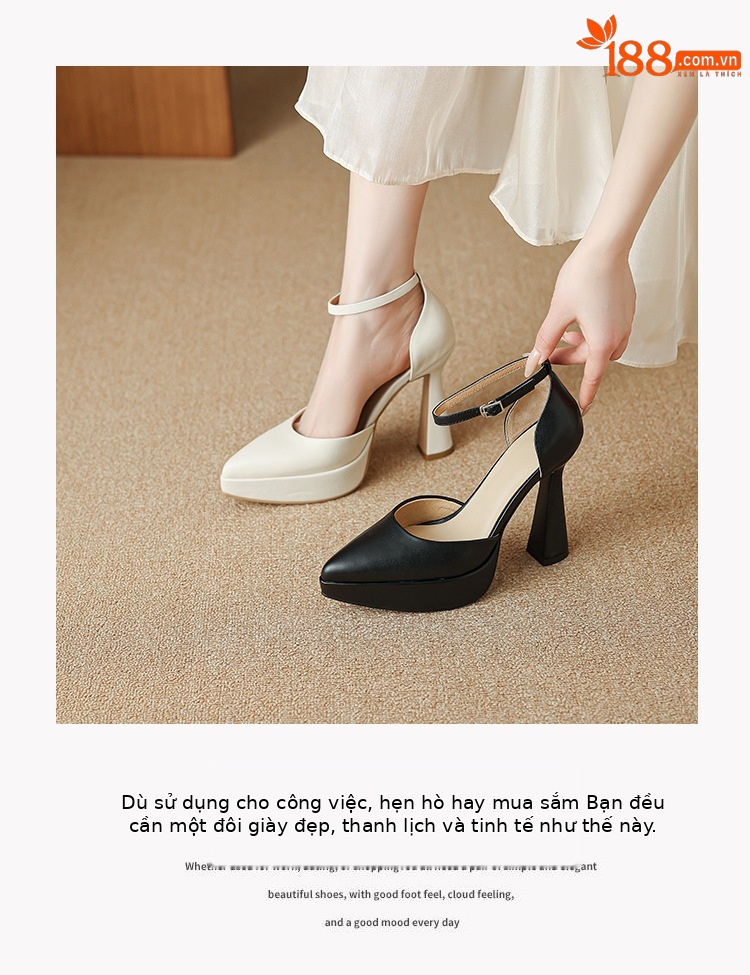 Giày sandal cao gót Mary Jane cô dâu gót vuông đế platform hở mũi — màu đen, màu trắng ngà chi tiết 4