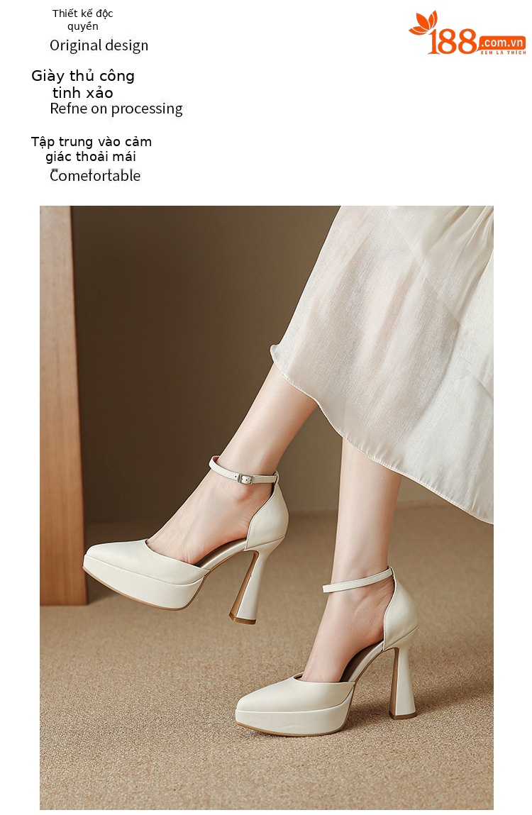 Giày sandal cao gót Mary Jane cô dâu gót vuông đế platform hở mũi — màu đen, màu trắng ngà chi tiết 5