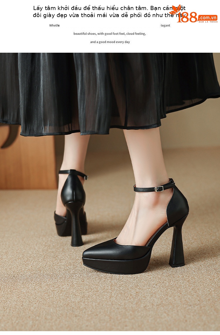 Giày sandal cao gót Mary Jane cô dâu gót vuông đế platform hở mũi — màu đen, màu trắng ngà chi tiết 10