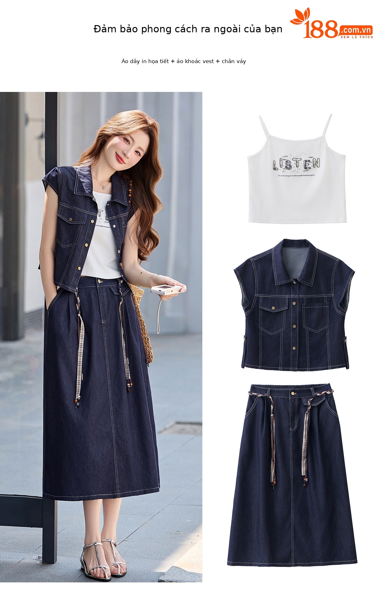 Bộ váy denim ba mảnh gồm áo khoác vest không tay, áo hai dây và chân váy midi — Màu ảnh chi tiết 7
