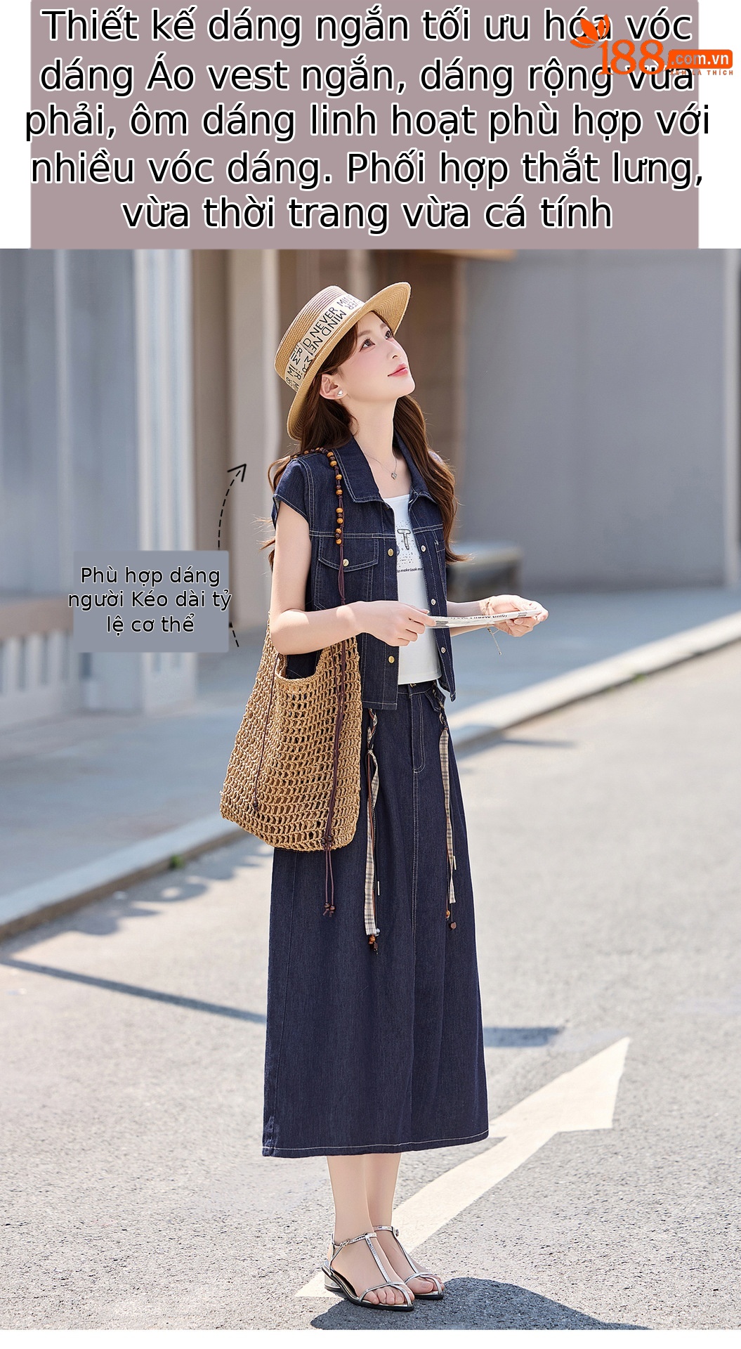 Bộ váy denim ba mảnh gồm áo khoác vest không tay, áo hai dây và chân váy midi — Màu ảnh chi tiết 6